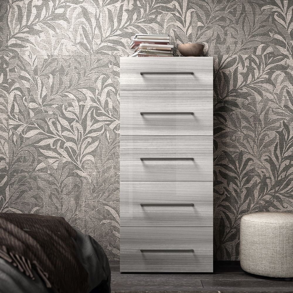Product photograph of Status Mia Night Silver Grey Italian 5 Drawer Chest With Handles from Choice Furniture Superstore.